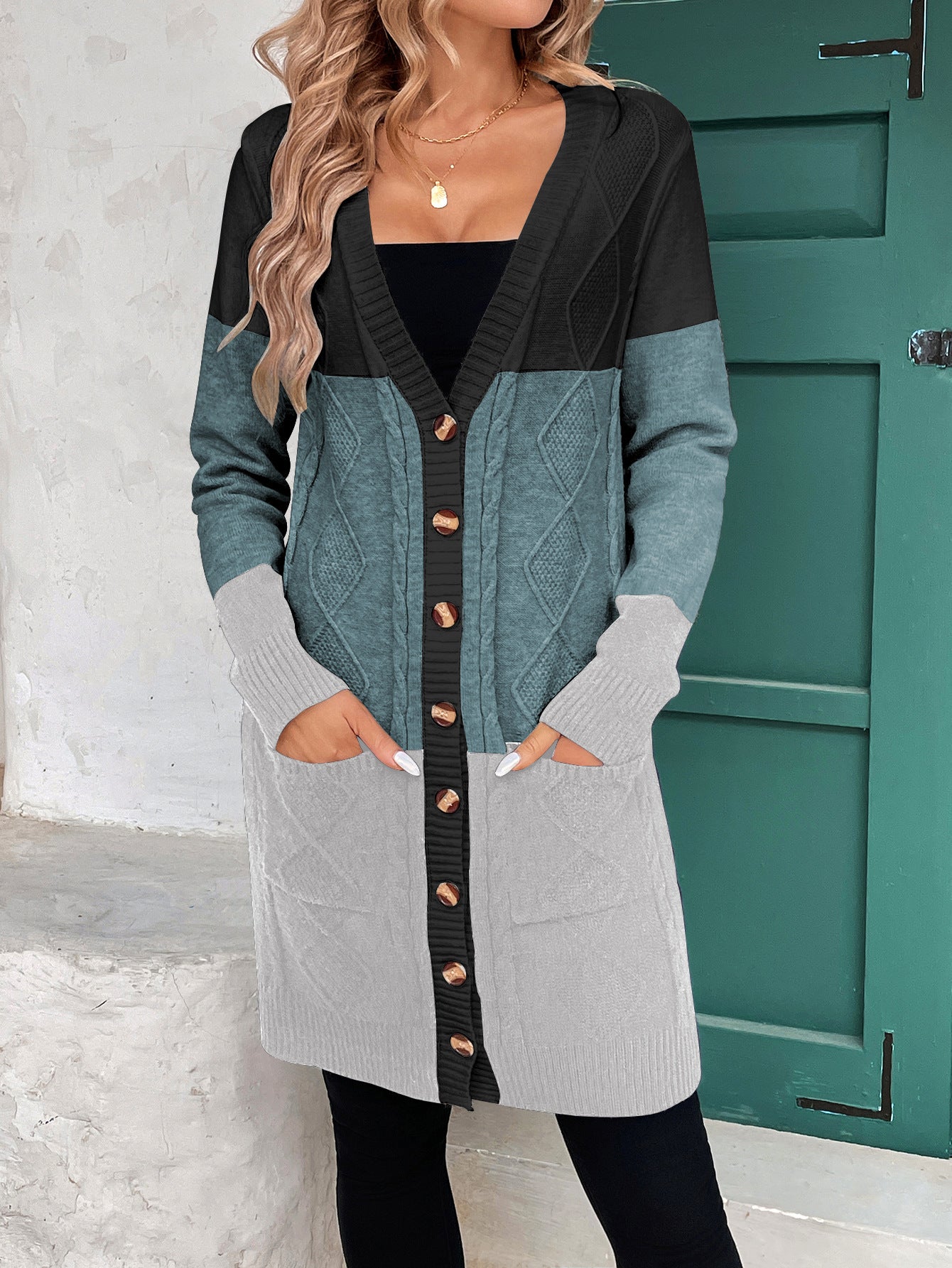 Thread Contrast Color Mid-length Simple Style V-neck Coat