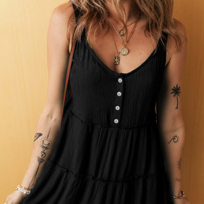 Black Button V Neck Frilly Tiered Sleeveless Dress