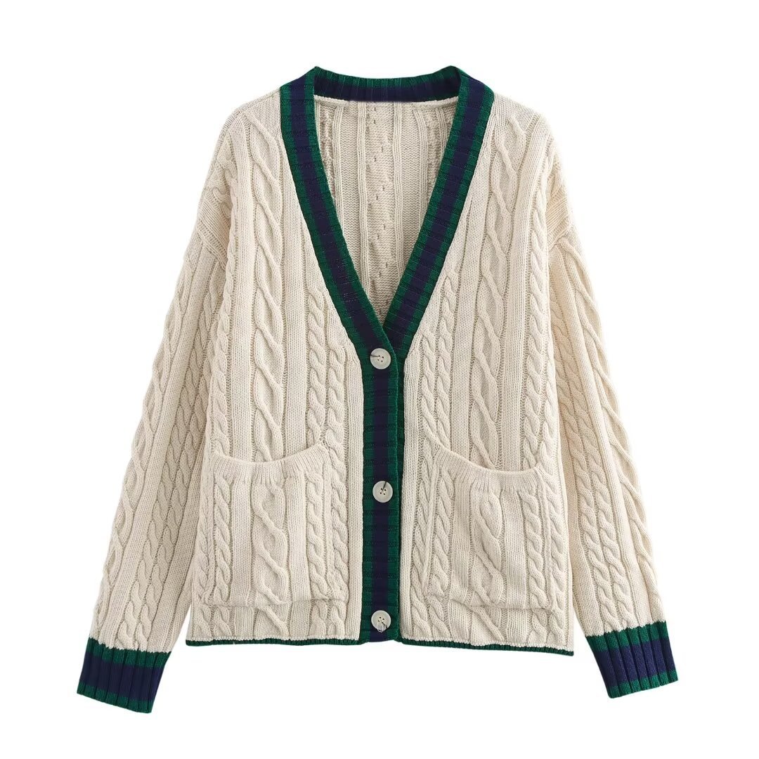 Women's Fashion Color Contrast V-neck Twisted Flower Cardigan Knitted Coat