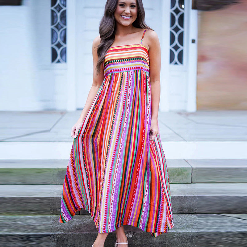 Color Striped Spaghetti Straps Dress