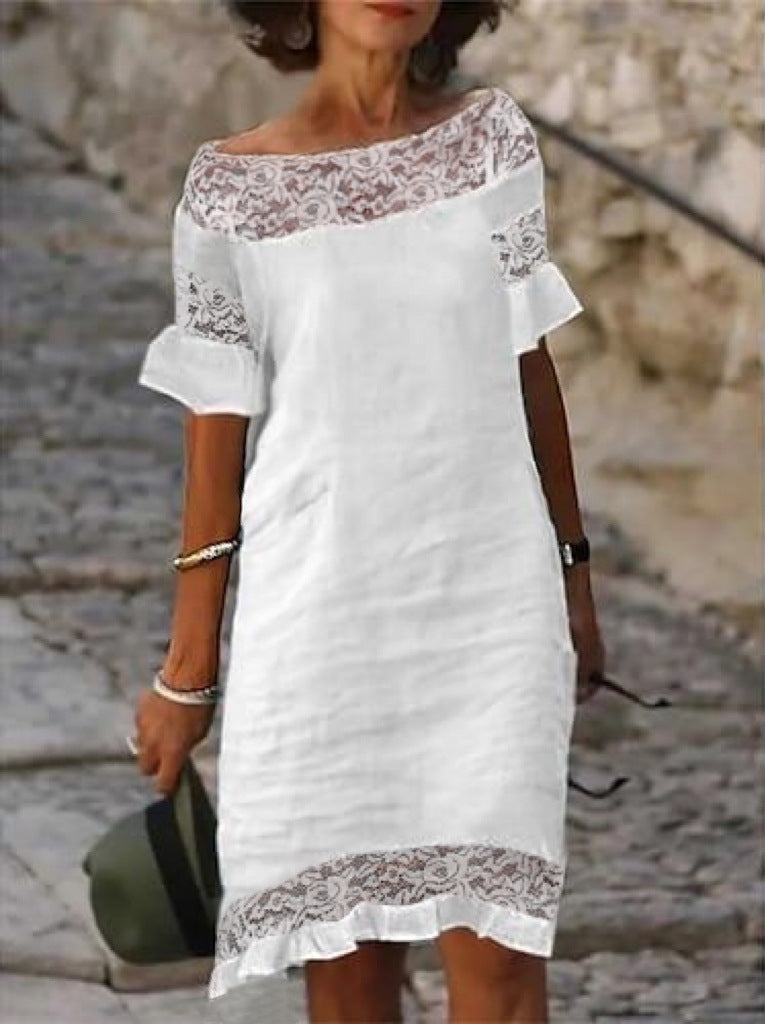 White Lace Ruffled Short Sleeves Hollow Dress