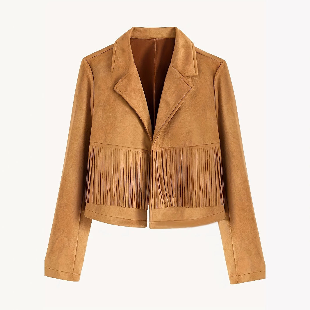 Women's Fashionable Suit Collar Long Sleeved Western Style Short Tassel Jacket