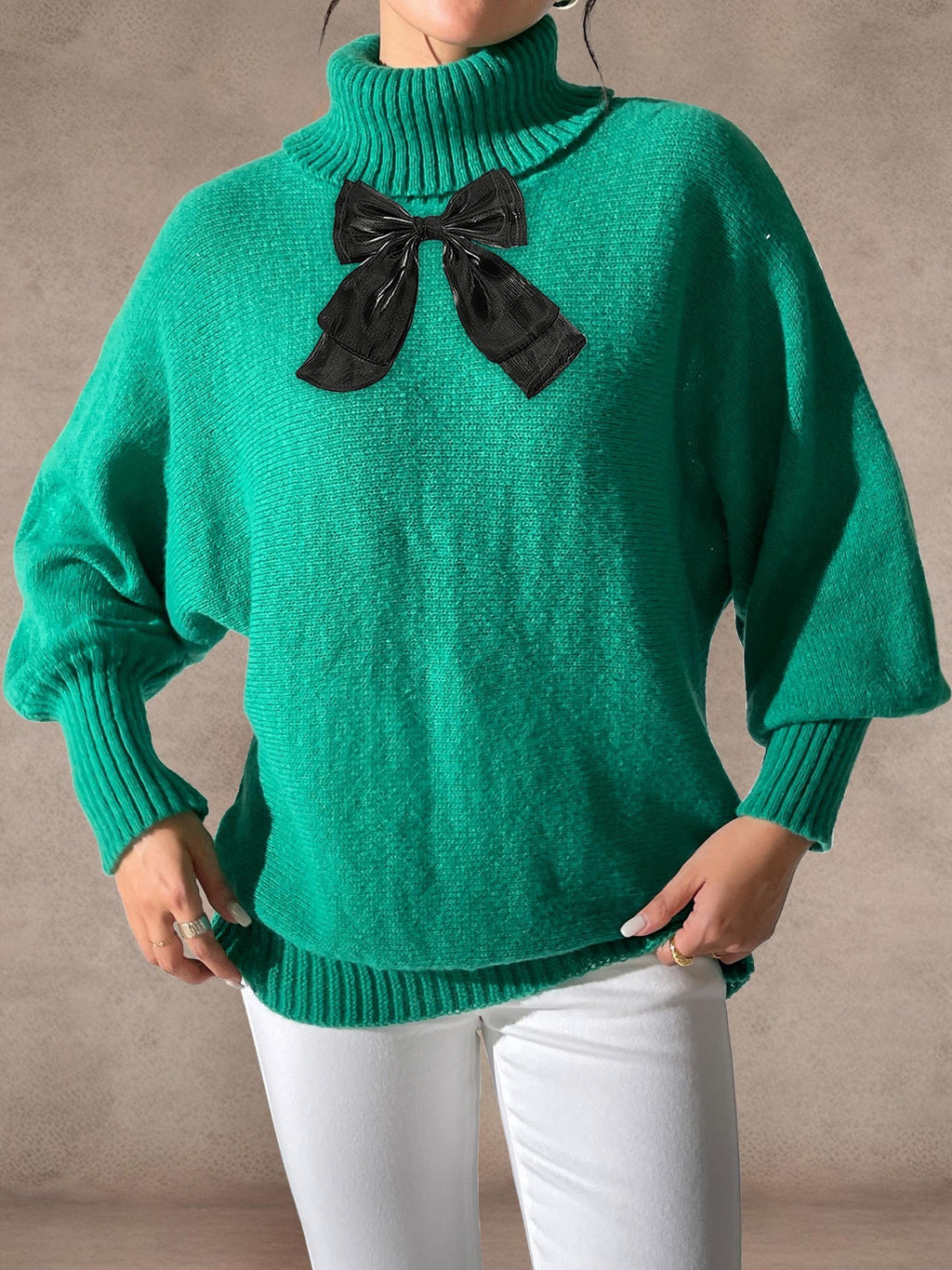 Women's Batwing Sleeve Lace Bow Patchwork Turtleneck Sweater