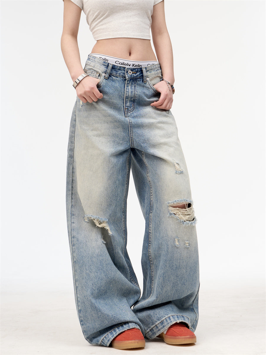 Retro Worn Looking Washed-out Straight Jeans For Men And Women
