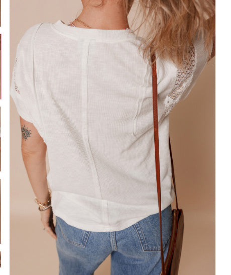 White Ribbed Texture Lace Patchwork Short Sleeve Top