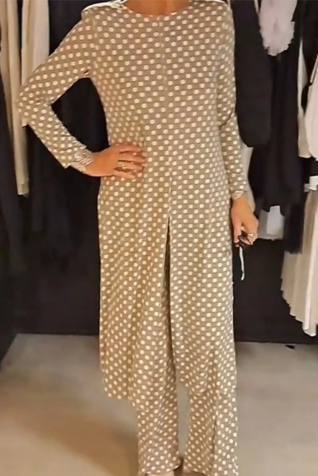 Round Neck Long Sleeve Split Polka Dot Trousers Casual Suit Women