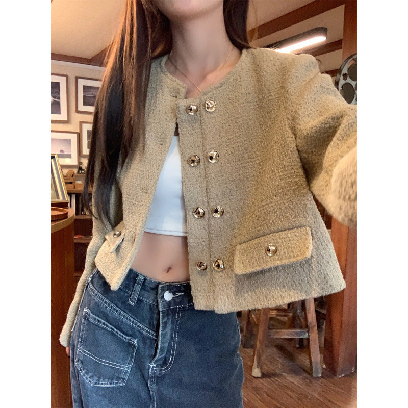 Apricot Round Neck All-matching Fashion French Style Short Coat