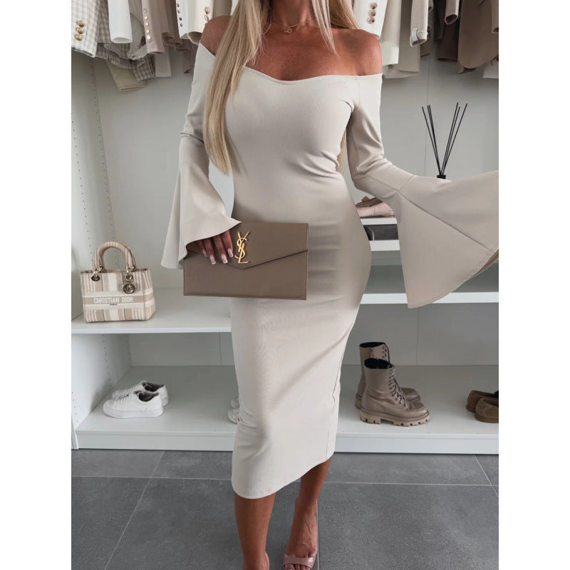 Solid Color Niche Design Off-neck Flared Long Sleeve Dress