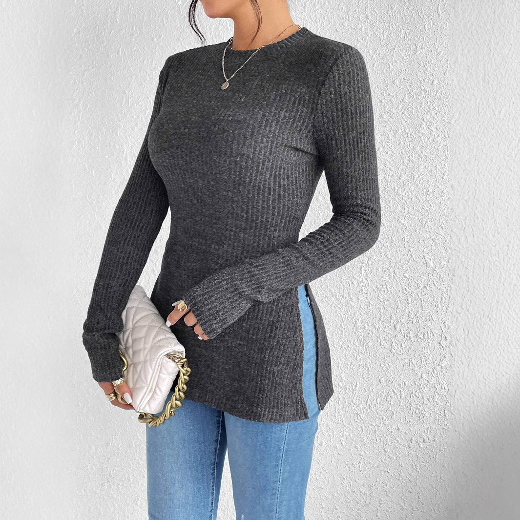Slim-fit Sunken Stripe Brushed Round Neck Hem Rib Knitted T-shirt