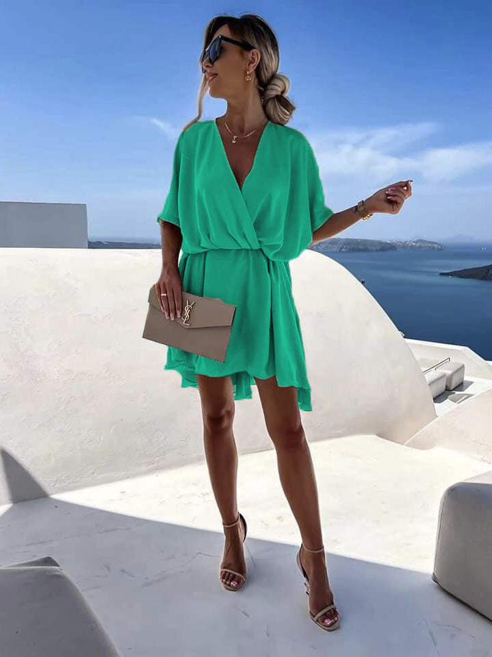 Waist V-neck Best Selling Women's Clothes Solid Color Dress