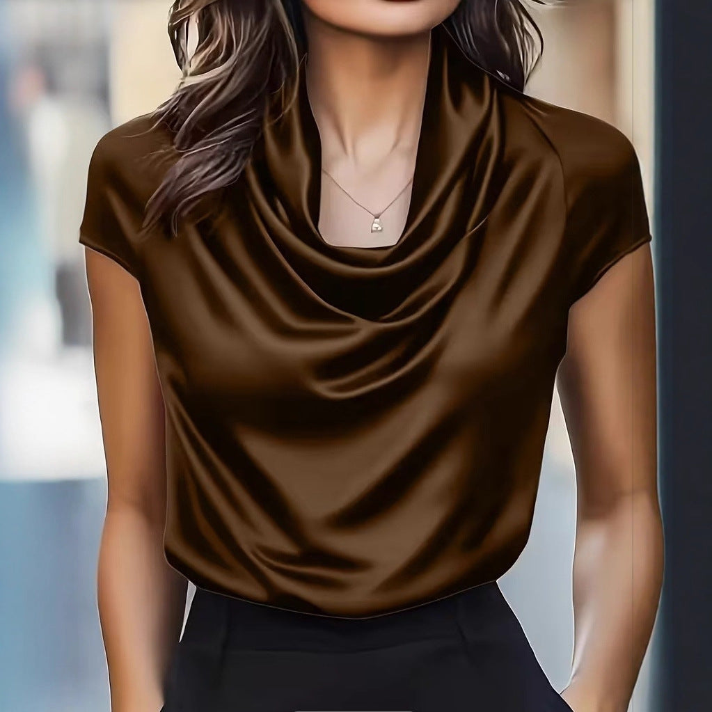 Womens Solid-color Boat-neck Drapey Short-sleeve Top