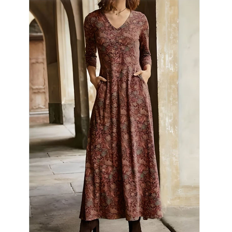 Women's Cotton Printed V-neck Pocket Long Sleeved Dress