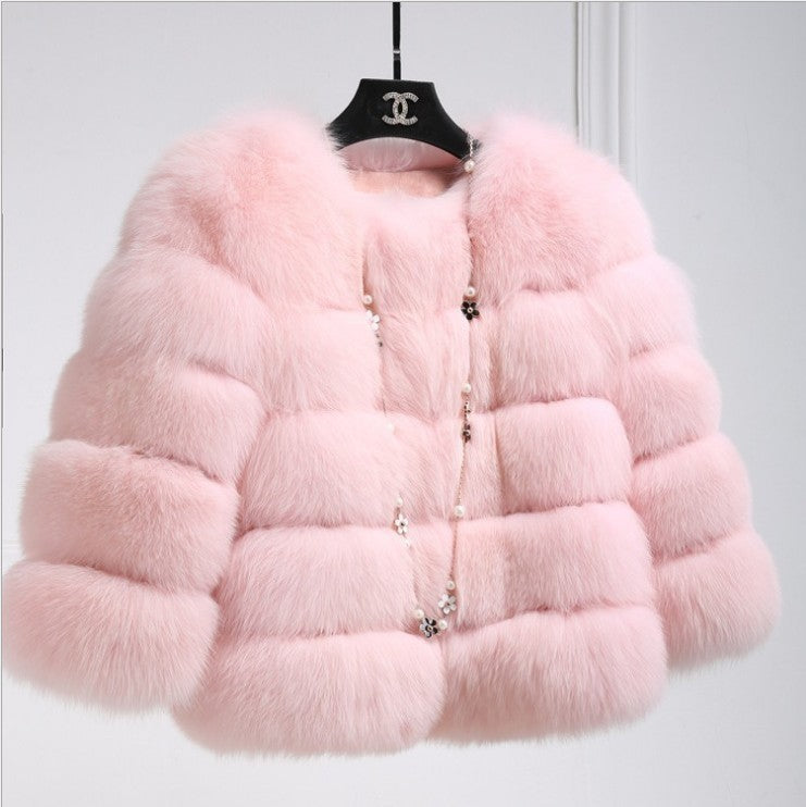 Coat Fox Fur Stitching Thickening Warm Long Sleeves Short