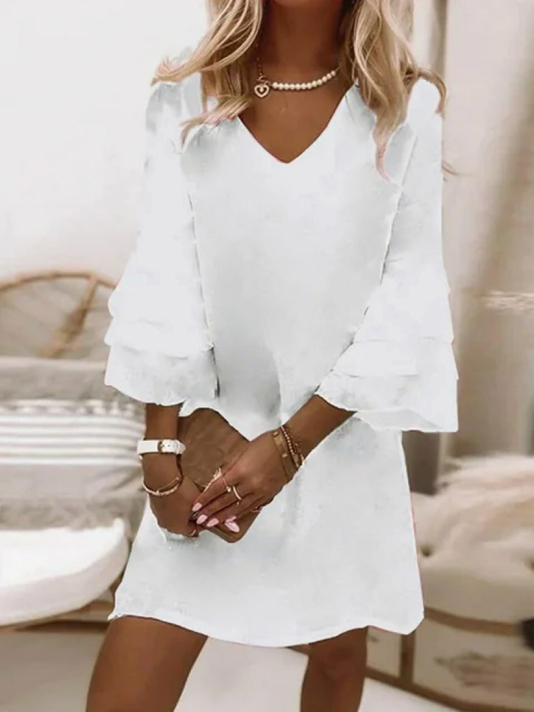 White Lace Ruffled Short Sleeves Hollow Dress
