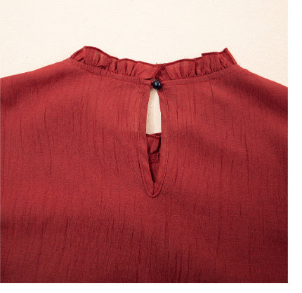 Red Dahlia Solid Color Pleated Detail Ruffle Short Sleeve Blouse