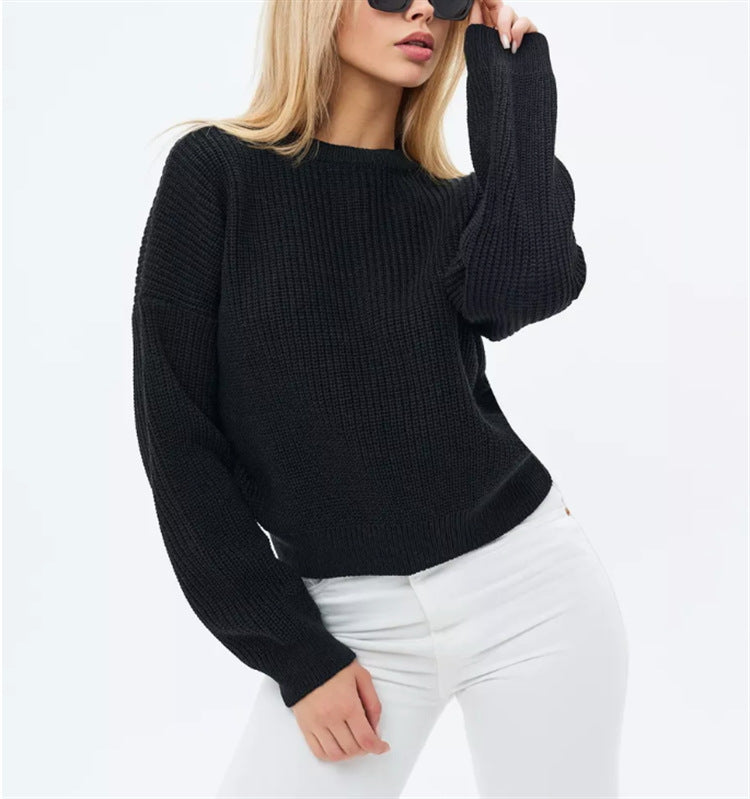 Women's Solid-color Crew-neck Loose-fitting Pullover Sweater