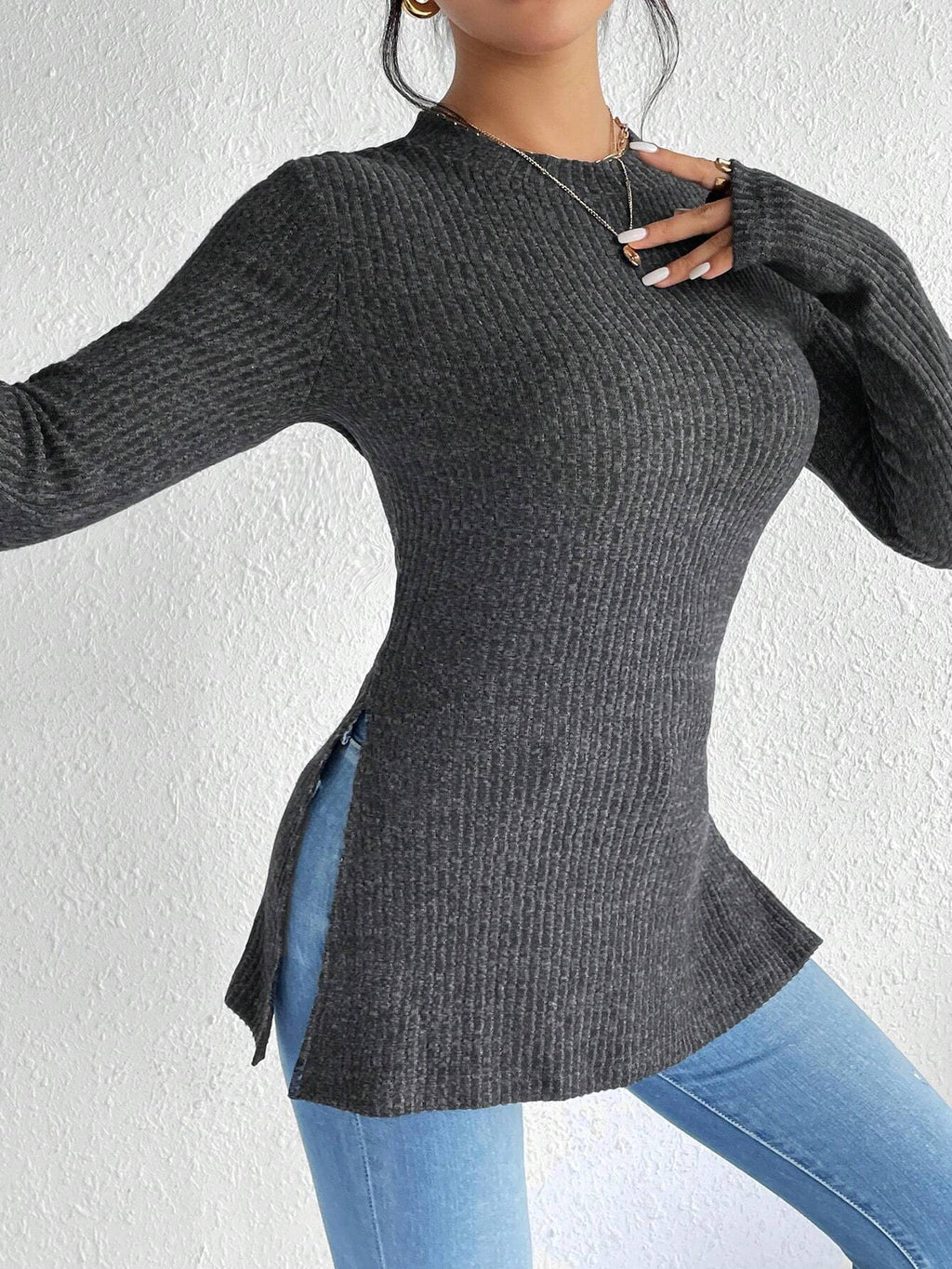 Slim-fit Sunken Stripe Brushed Round Neck Hem Rib Knitted T-shirt