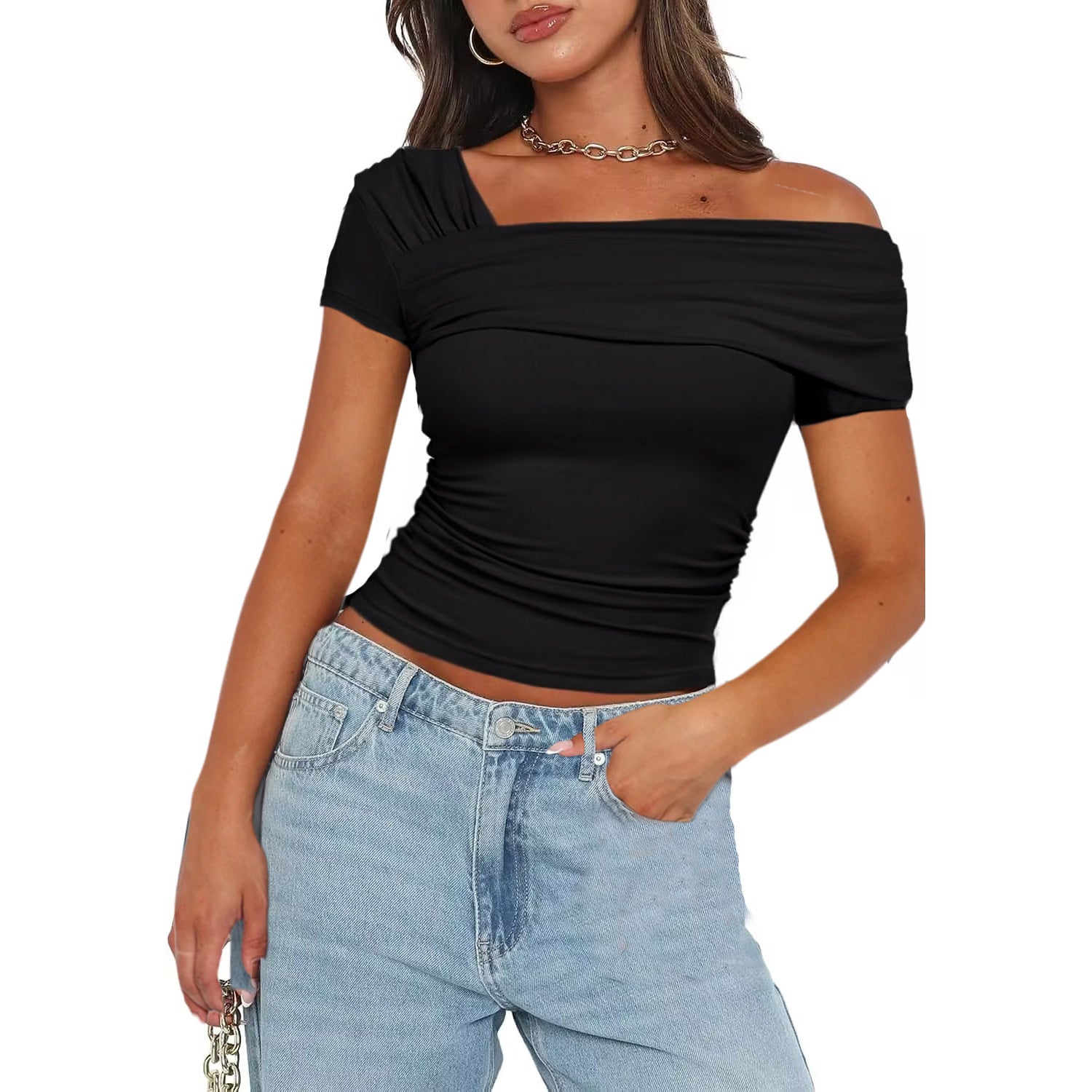 Solid Color Decorative Short Strapless Short Sleeve Women