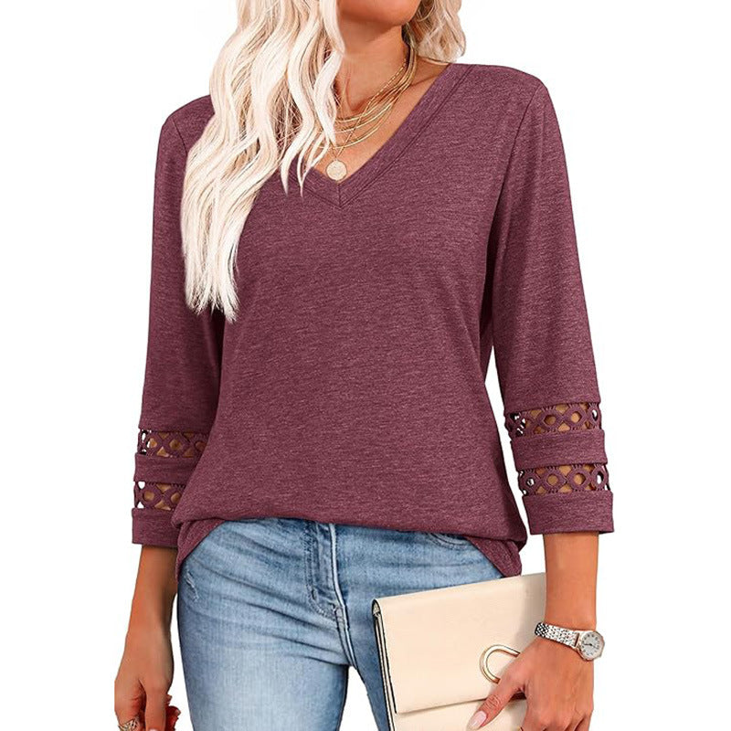 Solid Color Loose V-neck 34 Sleeves Women