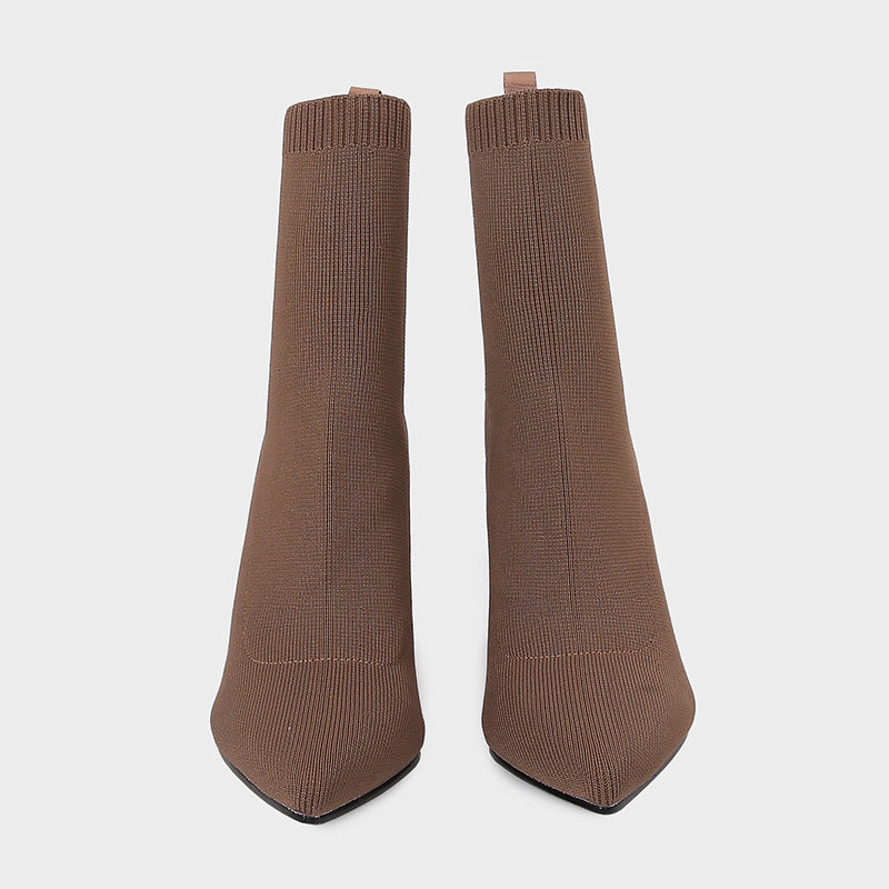 Brown Yellow Geometric High Heel Chunky Heel Retro Ankle Boots Elastic Socks Boots Women