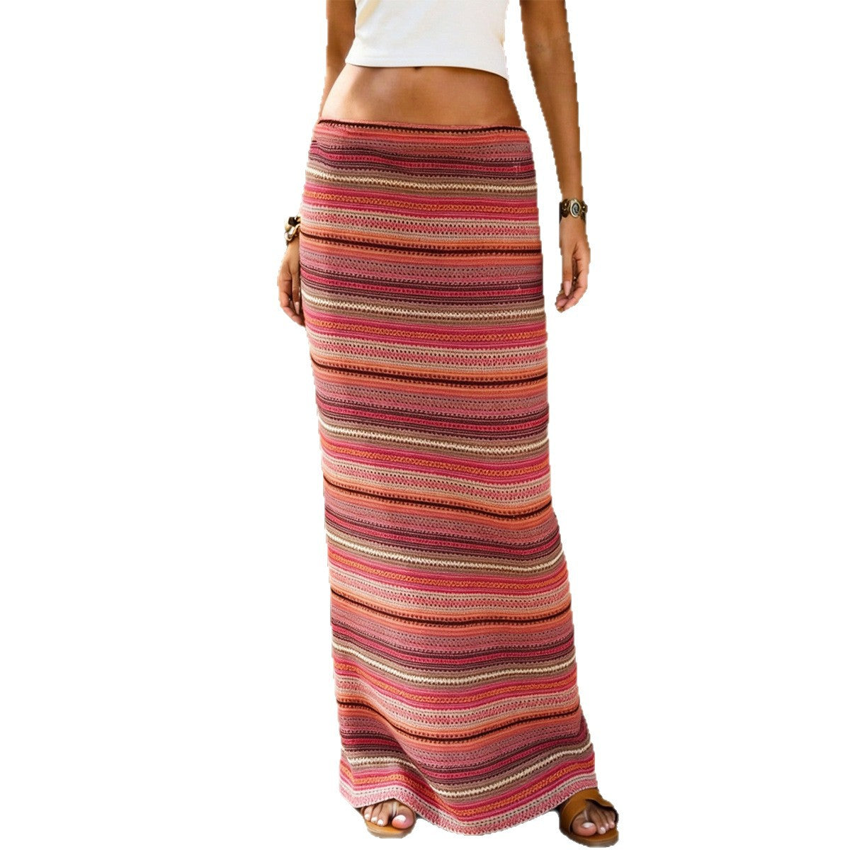 Spring Summer Resort-style Striped Knit Casual Beach Skirt Simple And Versatile