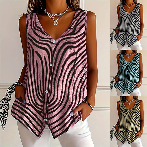 Spring And Summer New Women's Printed Button Cardigan Vest