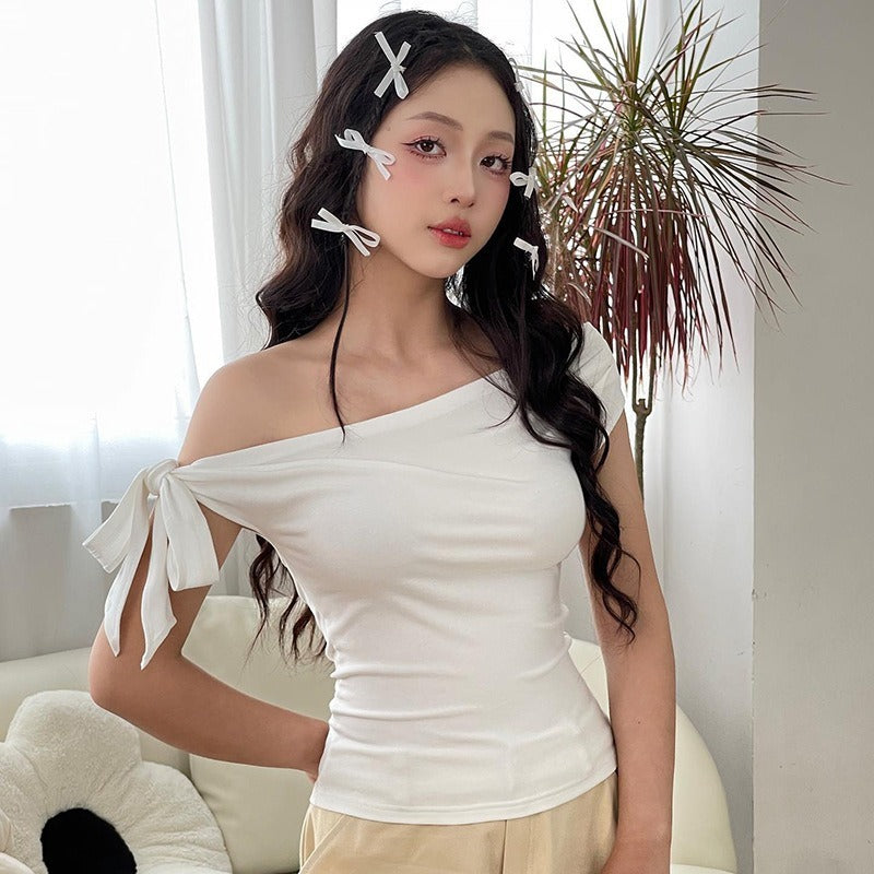 Pleated One-shoulder Backless Twisted Lace-up Asymmetric T-shirt Top