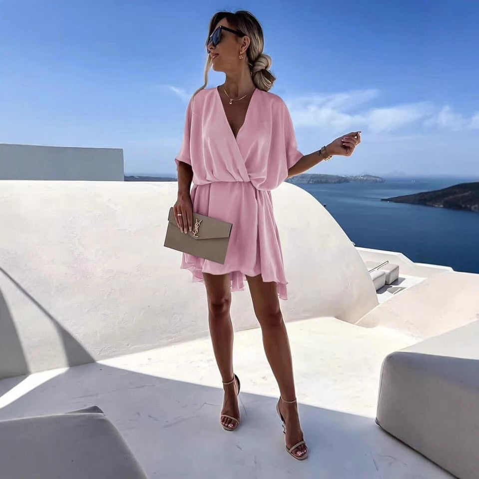 Waist V-neck Best Selling Women's Clothes Solid Color Dress