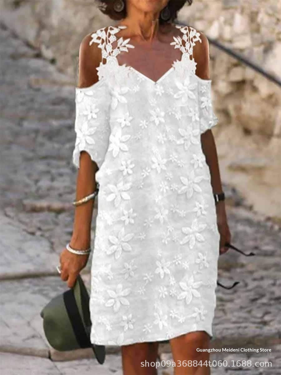 Womens V-Neck Lace Slip Dress With Patchwork Embroidery
