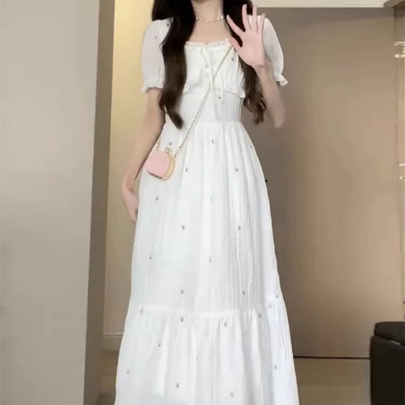 White Moonlight Short Sleeve Cinched Slimming Long Dress
