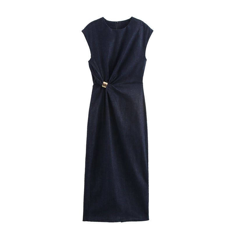 Round Neck Sleeveless Gold Inlaid Back Slit Denim Dress