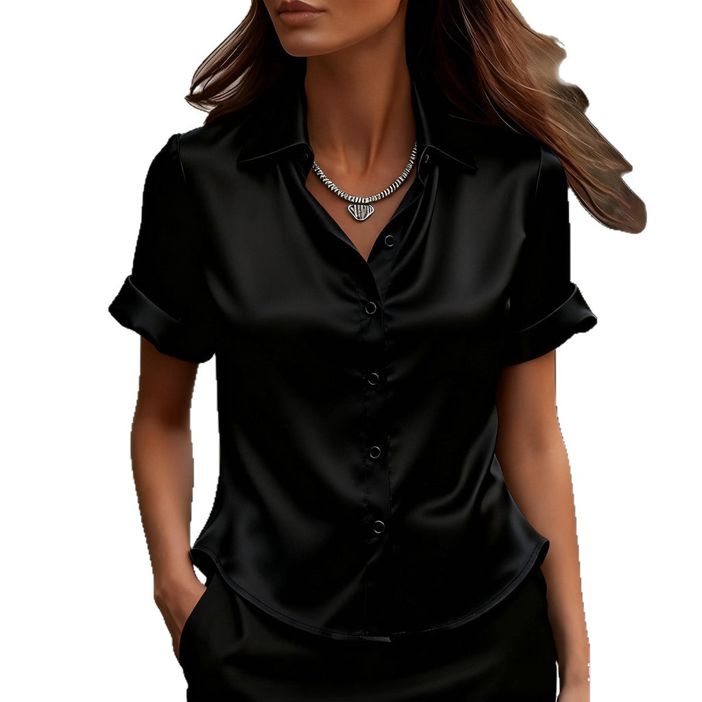 Womens Minimalist Short-sleeve Satin Shirt With A Collar