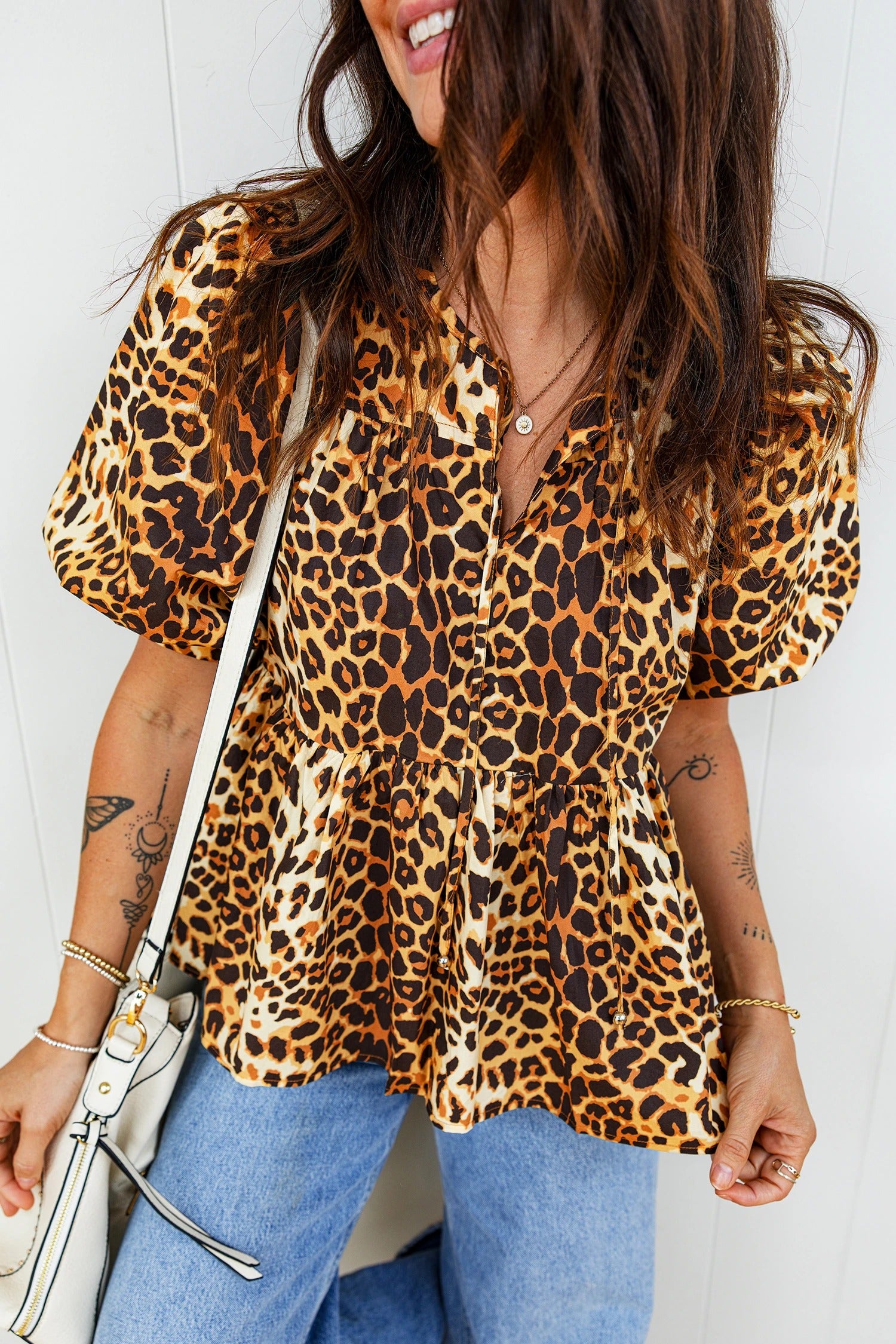 Womens Casual Leopard-print Loose-fit Short-sleeve Top