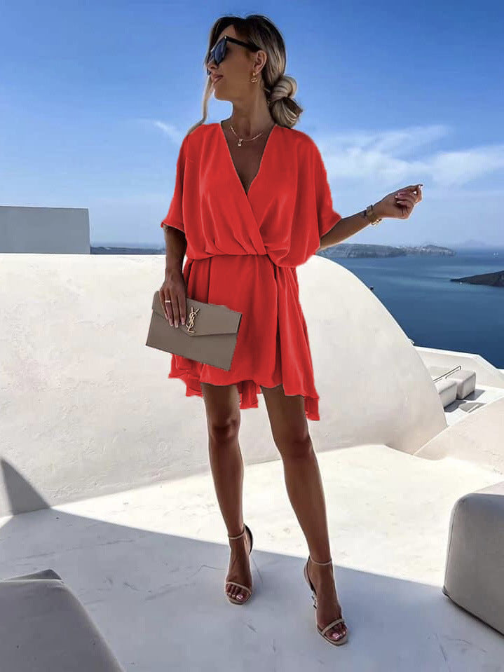Waist V-neck Best Selling Women's Clothes Solid Color Dress