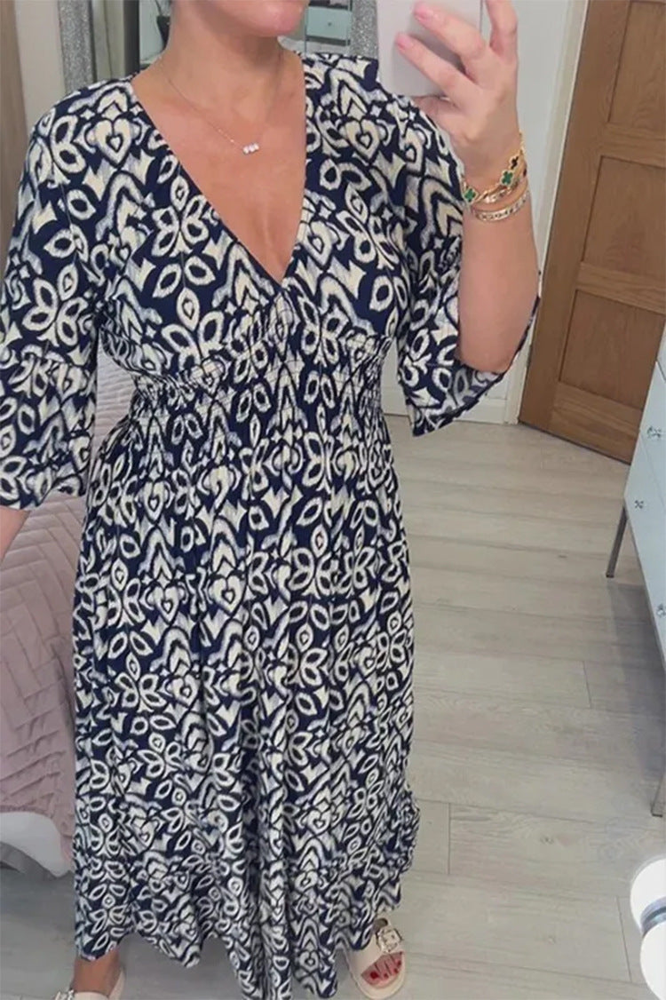 New Plus Size Super Fairy V-neck Floral Dress For Beach Vacation, Loose Long Skirt