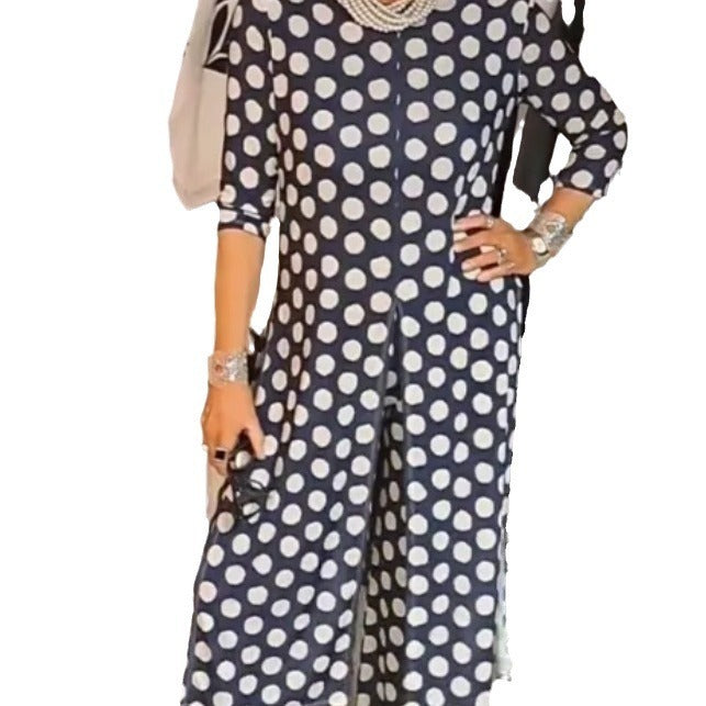 Round Neck Long Sleeve Split Polka Dot Trousers Casual Suit Women