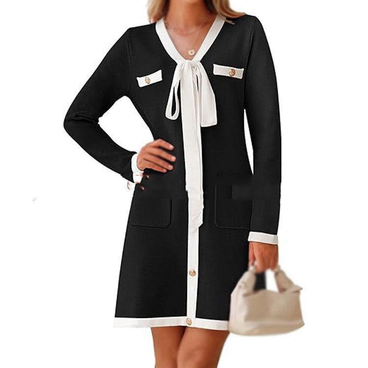 Knitted Lace-up Long Sleeve Dress Women