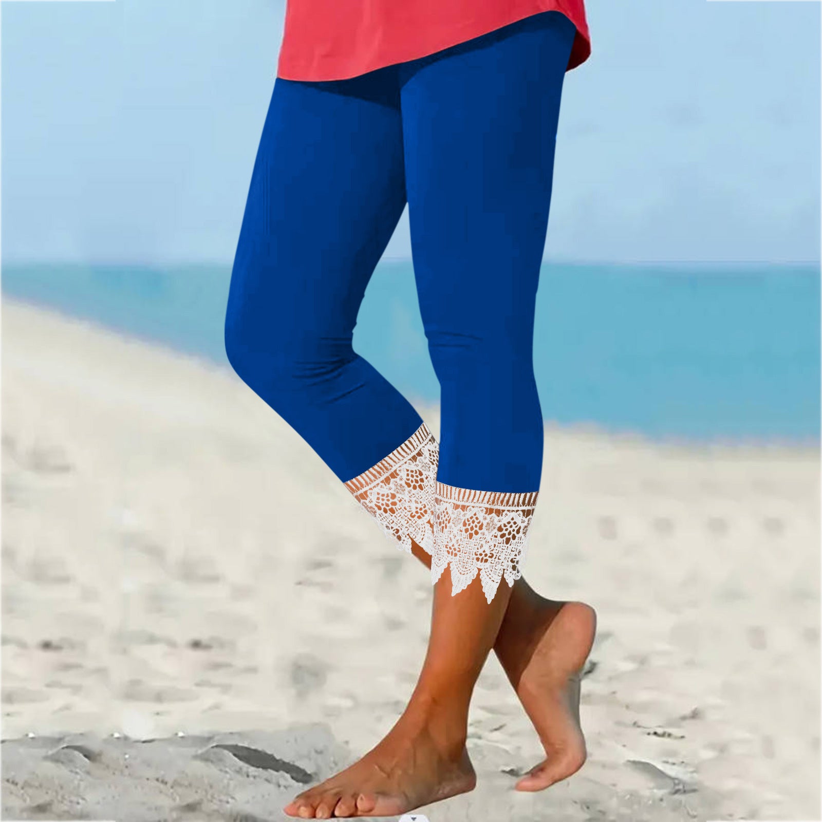 Solid Color Casual Lace Stitching Leggings