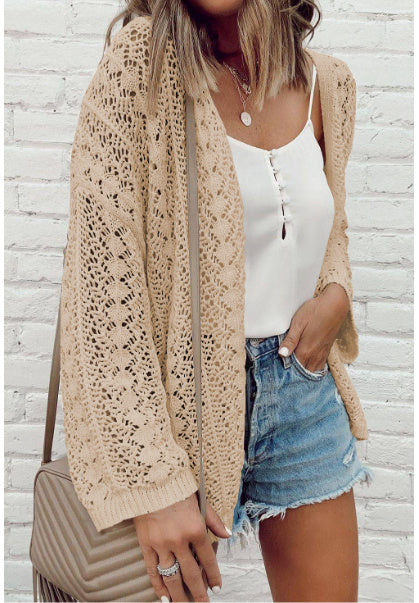 Apricot Hollow Out Knit Drop Shoulder Open Front Cardigan