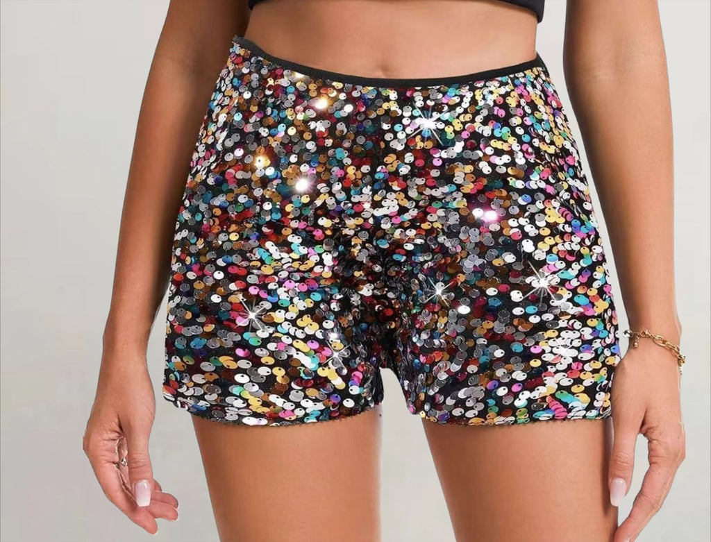 Multicolor Sequin Slim Hot Pants Sequined Mid-waist Straight Shorts