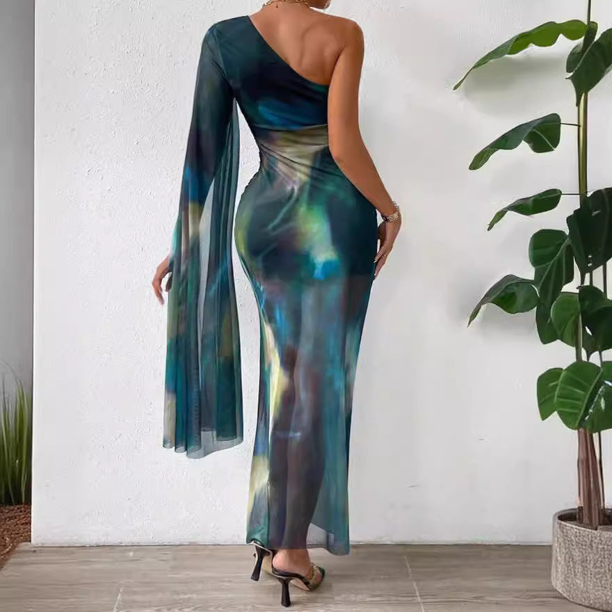 Fashion Printed Shoulder Long Sleeve Dress