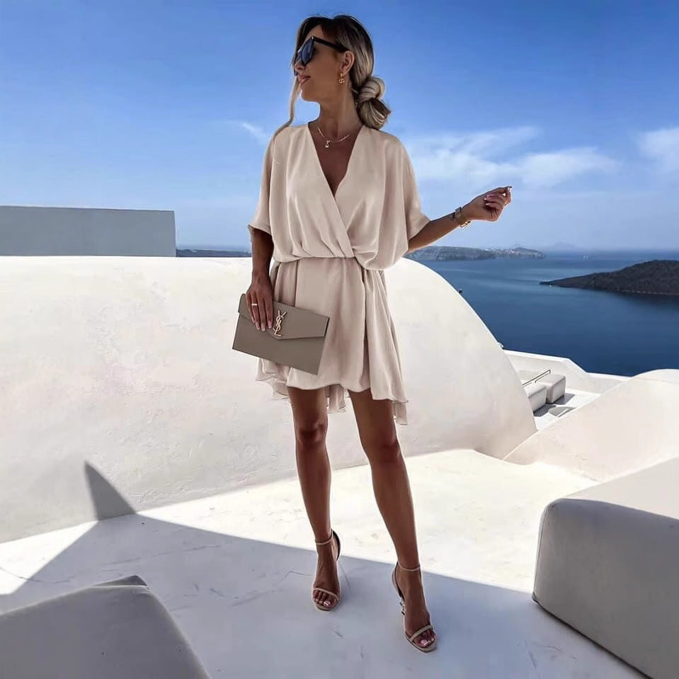 Waist V-neck Best Selling Women's Clothes Solid Color Dress