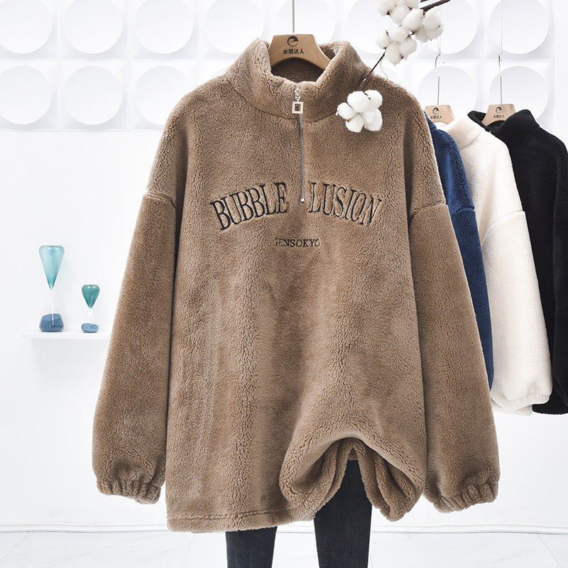 Velvet Padded Loose Mid-length Half Zipped Stand Collar Sweater