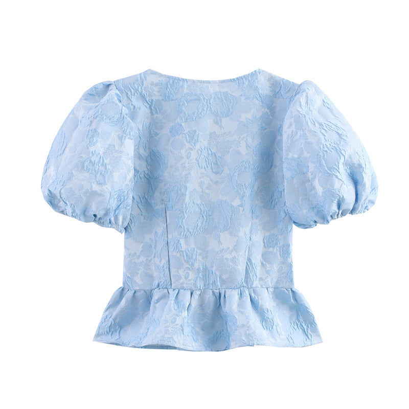 Floral Print Jacquard Puff Sleeve Ruffled Hem Shirt