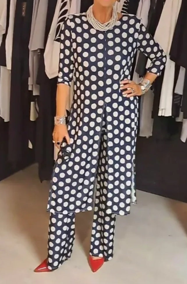 Round Neck Long Sleeve Split Polka Dot Trousers Casual Suit Women