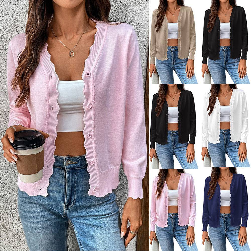 V-neck Long-sleeved Knitted Cardigan Pure Color Ice Silk Coat For Women