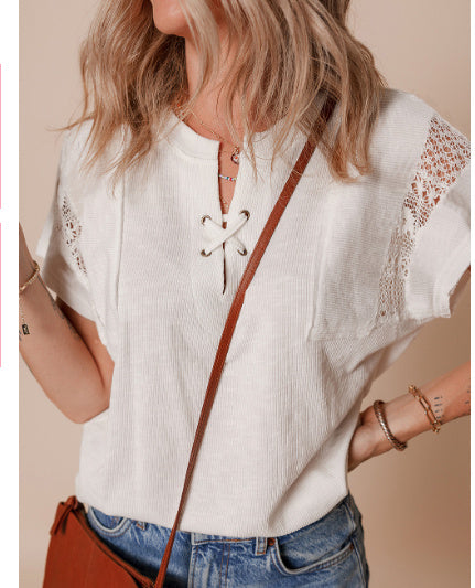 White Ribbed Texture Lace Patchwork Short Sleeve Top