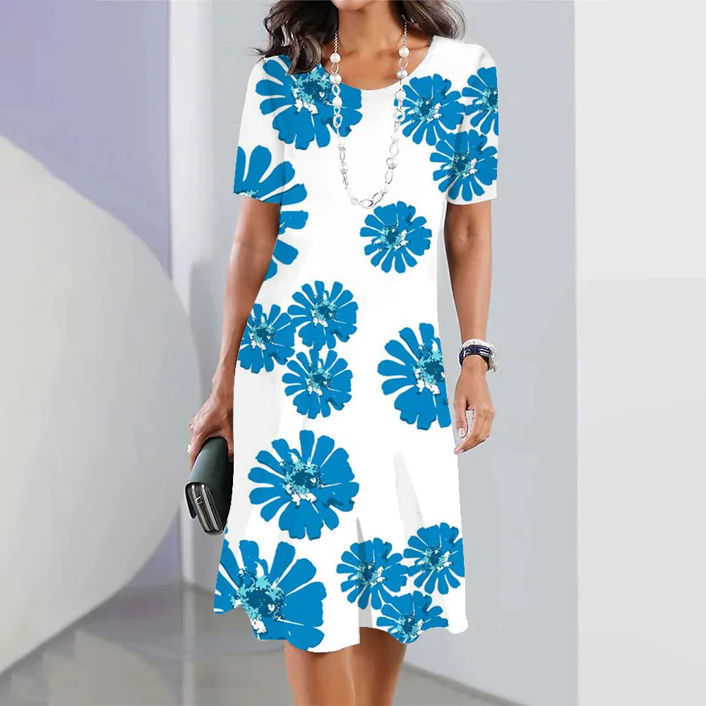 3d Floral Blue Printed Round Neck Fashion Party Dress