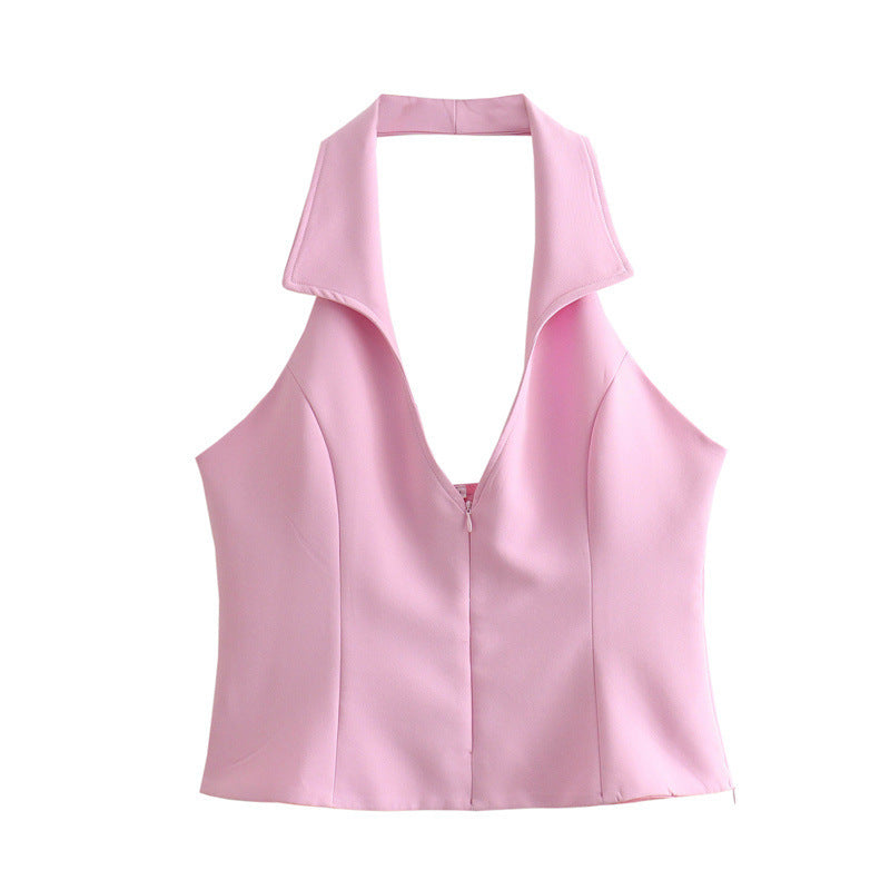Sweet And Spicy Style Backless Slim Fit Shirt Hanging Collar Top Low Waist Skirt Pants