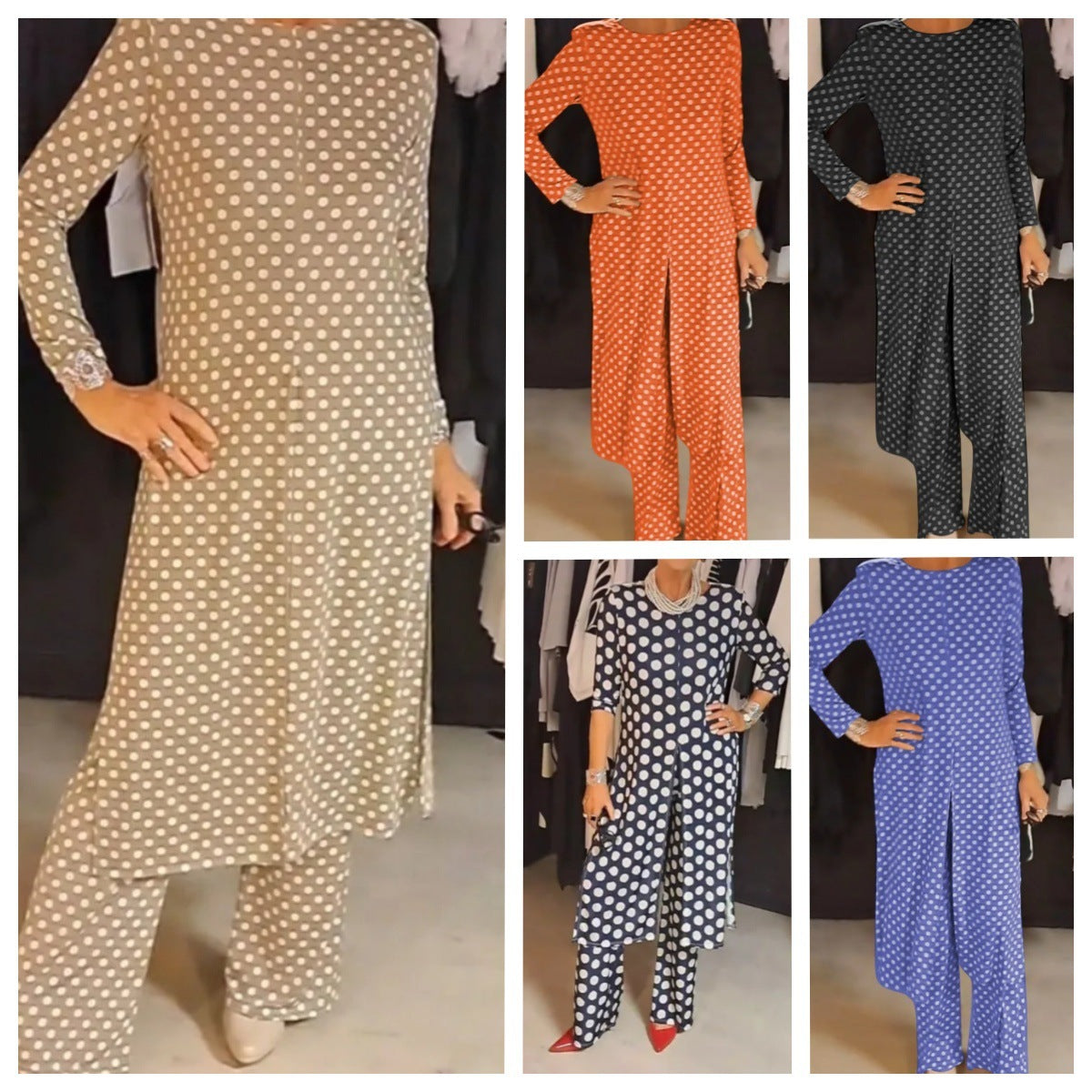 Round Neck Long Sleeve Split Polka Dot Trousers Casual Suit Women